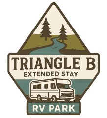 Logo for Triangle B Extended Stay RV Park, featuring two pine trees by a winding river above the text, with an illustration of an RV vehicle at the bottom.